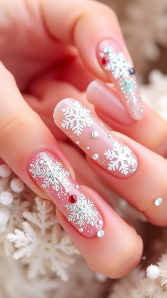Winter Christmas nail art with snowflakes and glitter on a snowy background.